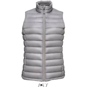 A women's puffer vest in light grey, featuring a zip front and a stand-up collar, with a branding logo.