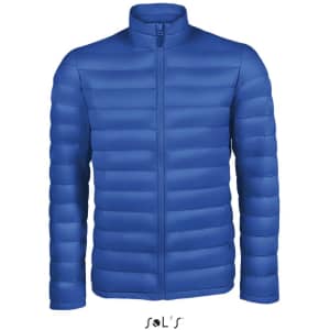 A men's lightweight blue puffer jacket with 90% down and 10% feathers padding, features a high collar and zip closure.