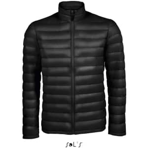 A men's puffer jacket in black with 90% down and 10% feather padding, featuring a zip front and a stand-up collar.