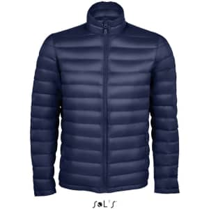 A navy men's puffer jacket with a lightweight design, featuring 90% down and 10% feather padding and a zip front.