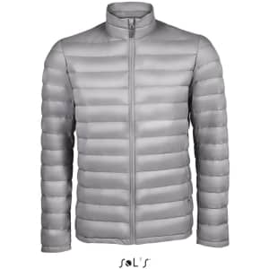 A light grey men's puffer jacket featuring 90% down and 10% feathers, with a sleek, zippered design and a stand collar.
