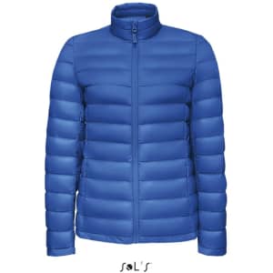A women's puffer jacket in a vibrant blue colour, featuring a zip front and a high collar. Brand logo visible.