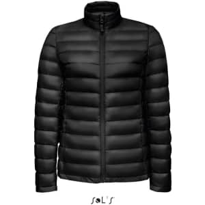 A women's puffer jacket in black, featuring a zip-up front and a quilted design. Includes a logo branding.