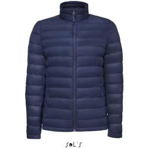 A navy blue women's puffer jacket with a zip-up front and a high collar, featuring a logo branding.