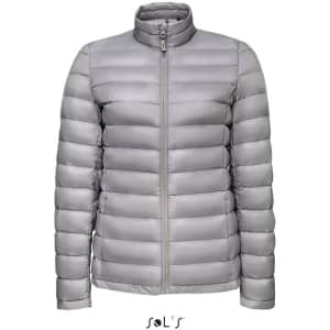 A women's puffer jacket in light grey with a zip front and a collar, featuring a logo at the bottom.