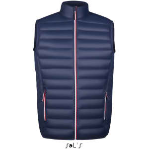 A men's lightweight puffer vest in navy blue, featuring a front zipper and side pockets, with a logo at the bottom.