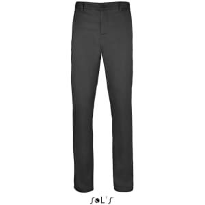 Men's grey trousers made from 98% cotton and 2% elastane, featuring a logo. Stretch fabric for comfort.