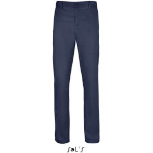 Men's navy stretch trousers made of 98% cotton and 2% elastane, featuring a classic fit and a logo.