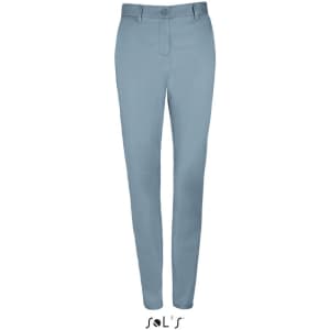 Women's stretch trousers in light blue, made from 98% cotton and 2% elastane, featuring a branded logo.
