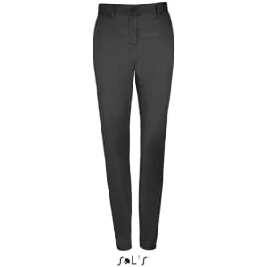 Women's black stretch trousers made from 98% cotton and 2% elastane, featuring a button closure and slim fit.