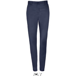 Navy women's stretch trousers made of 98% cotton and 2% elastane, featuring a fitted design and a logo.