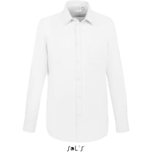 A white long sleeve Oxford men’s shirt featuring a pocket and a logo at the bottom.