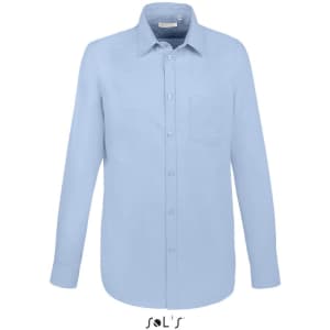 A light blue long sleeve Oxford men's shirt with a chest pocket and a logo at the bottom.