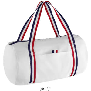 A white duffel bag with red, white, and blue striped handles and a small front pocket. It features a logo.