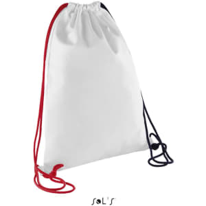 A white drawstring backpack with red and navy blue cords; features a logo at the base.