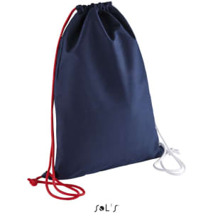 A navy drawstring backpack with red and white cords, featuring a logo at the bottom.