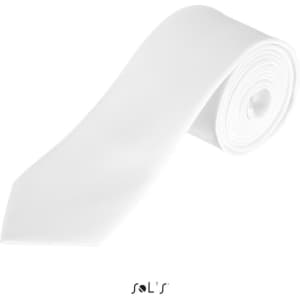 A white polyester tie with a smooth texture, featuring a logo at the bottom.