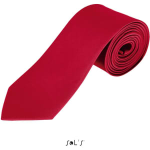 A red polyester tie laid flat, featuring a smooth texture and pointed tip, with a branding logo present.