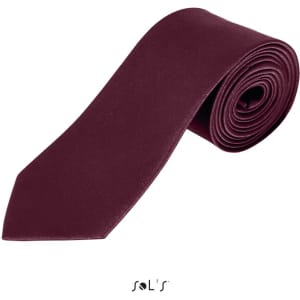A burgundy polyester tie rolled neatly with a pointed tip, featuring a logo at the bottom.