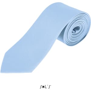 A light blue polyester tie neatly rolled, featuring a branded logo.