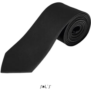 A black tie made of polyester, neatly rolled with a logo present.