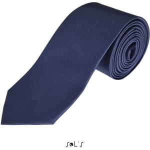 A navy blue polyester tie rolled neatly with branding visible at the bottom.
