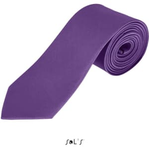 A purple polyester tie rolled up neatly, featuring a logo on the packaging.