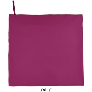 A sports towel featuring a vibrant purple colour, measuring 100cm x 150cm, with a hanging loop and branding.