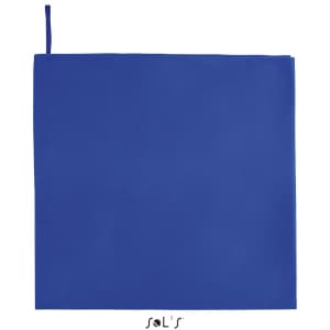 A blue gym sports towel measuring 100cm x 150cm with a hang loop and a brand logo.