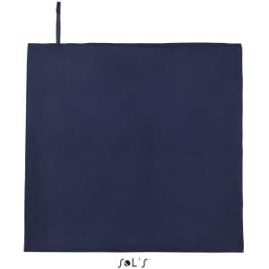 A navy blue sports towel measuring 100cm x 150cm, featuring a hanging loop and a logo.