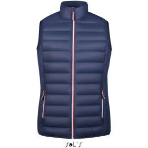 A women's lightweight puffer vest in navy blue with a zippered front and two side pockets. It features a logo.