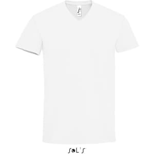 A white V-neck men's T-shirt made from 100% semi-combed ring spun cotton, featuring a logo.