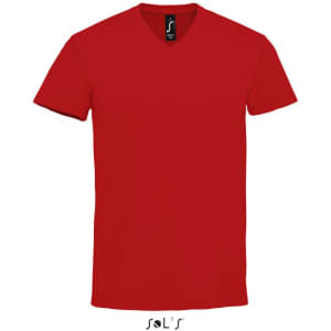 A red V-neck men's jersey T-shirt made from 100% semi-combed ring spun cotton. Features a logo.