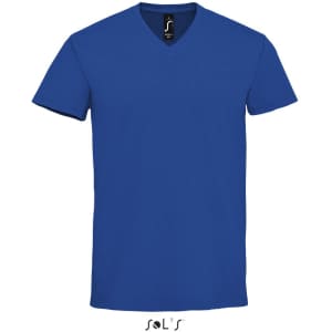 A blue V-neck men's T-shirt made of 100% semi combed ring spun cotton, featuring a logo.