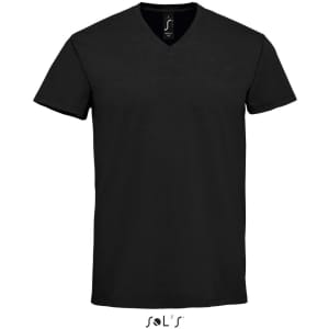 A black V-neck men's T-shirt made of 100% semi-combed ring-spun cotton with a logo.