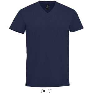 A navy blue V-neck T-shirt made of 100% semi-combed ring spun cotton, featuring a brand logo.