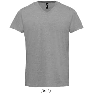A grey men's V-neck T-shirt made from 100% semi-combed ring spun cotton, featuring a logo on the label.