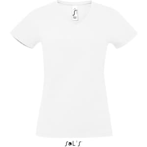 A white women's V-neck T-shirt made from 100% semi-combed ring spun cotton, featuring a logo.