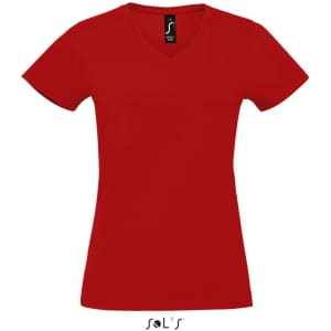 A red women's V-neck T-shirt made from 100% semi-combed ring spun cotton, featuring a logo.