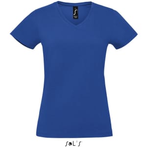 A blue women's V-neck T-shirt made from 100% semi-combed ring spun cotton, featuring a logo.