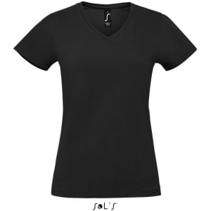 A black V-neck women's T-shirt made from 100% semi-combed ring spun cotton. Features a branding logo.