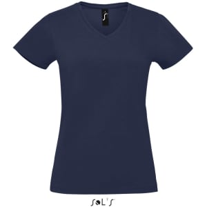 A navy women's V-neck T-shirt made of 100% semi-combed ring spun cotton, featuring a logo.