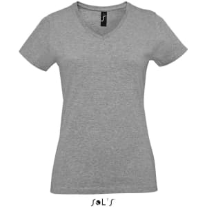 A grey women's V-neck T-shirt made from 100% semi-combed ring spun cotton with a logo.