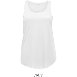 A women's tank top in white, made from polyester, featuring a rounded neckline and a logo at the bottom.