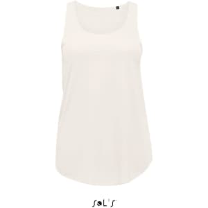 A women's tank top in white, featuring a simple design and a logo at the neckline.