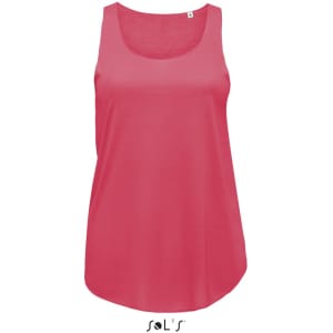 A women's singlet in a vibrant pink colour, featuring a logo in the centre. Made from polyester.