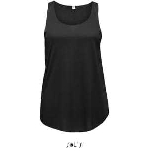 A women's tank top in black polyester, featuring a round neckline and relaxed fit, with a logo on the hem.