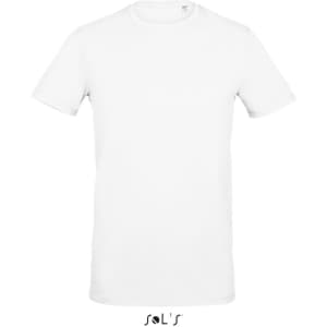 A white men's round neck T-shirt made of 95% semi combed ring spun cotton and 5% elastane, featuring a logo.