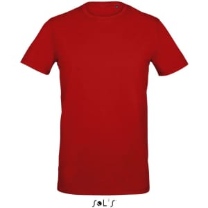 A red men's round neck jersey T-shirt made from 95% semi combed ring spun cotton and 5% elastane, features a logo.