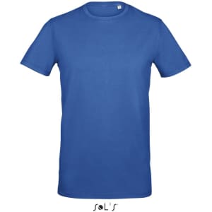 A blue men's round neck T-shirt made from 95% semi combed ring spun cotton and 5% elastane, featuring a logo.